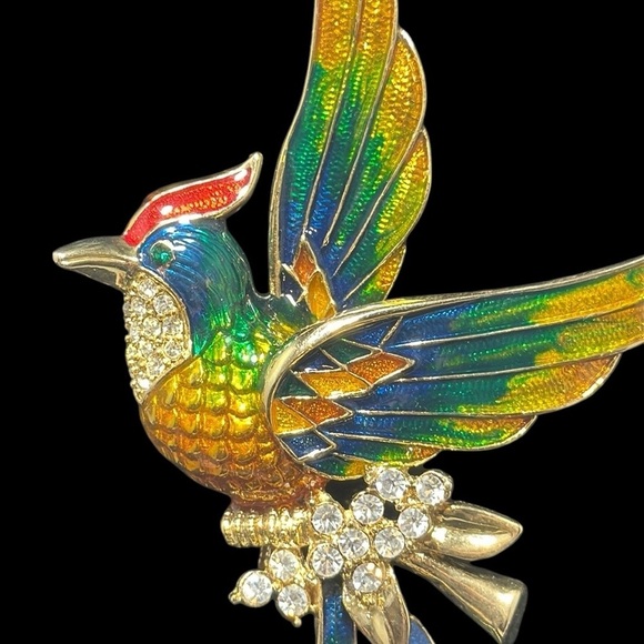 Hummingbird brooch, pin large, vibrant, colorful, feathers, enamel, rhinestones - Picture 6 of 9